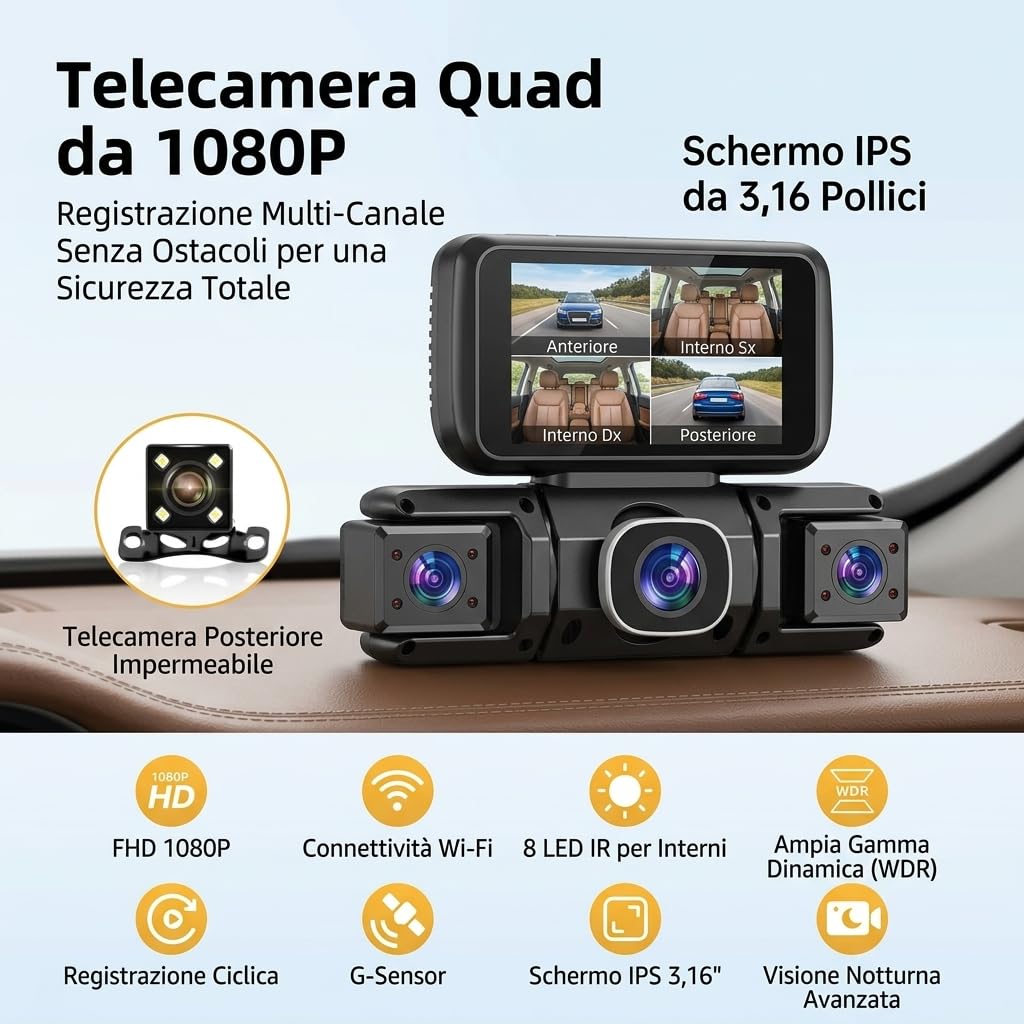 Carvid Dash Cam, telecamera da cruscotto Full HD a 4 canali da 3", con visione notturna a infrarossi, schermo IPS HD, connettività WiFi e smartphone