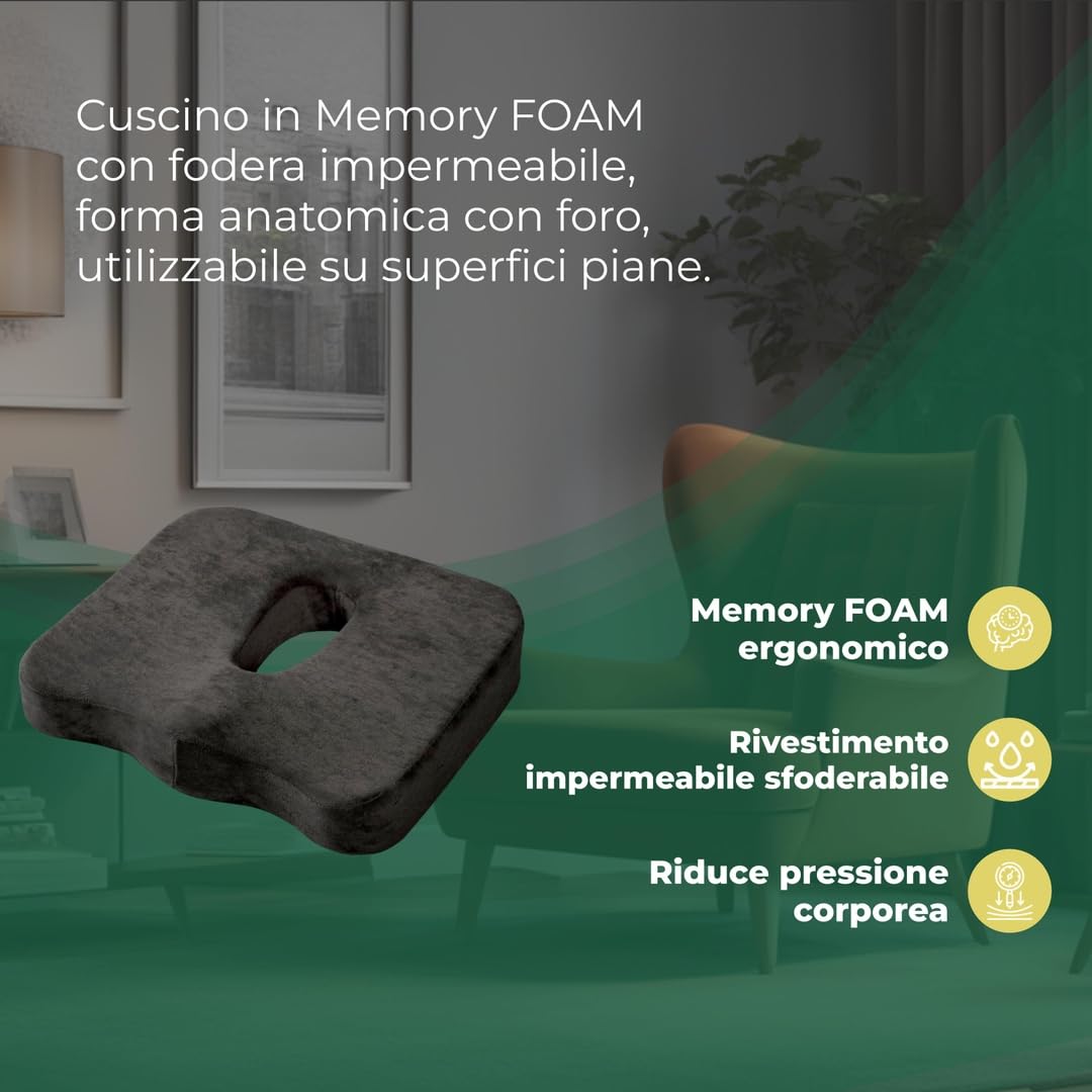 Cojín anatómico para prostatitis de espuma viscoelástica con orificio | Soporte anatómico desenfundable para silla de oficina y coche, dimensiones 42 x 36 x 8,5 cm