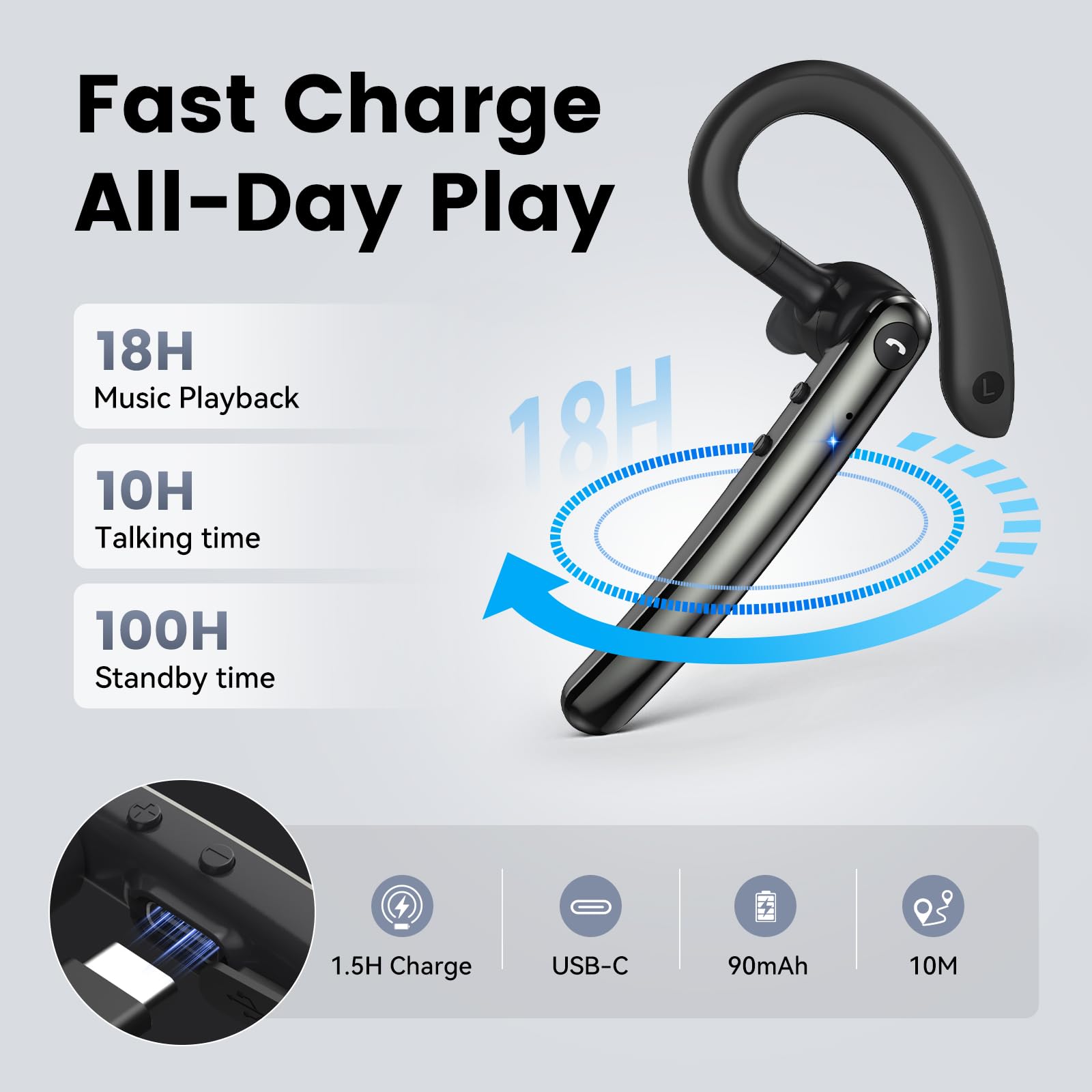 Auricolare Bluetooth Singolo con Doppio Microfono V5.4 Auricolari Bluetooth con Cancellazione del Rumore Mic Muto, 18 Ore Di conversazione, Connessione a due Dispositivi per Android/IOS/Laptop