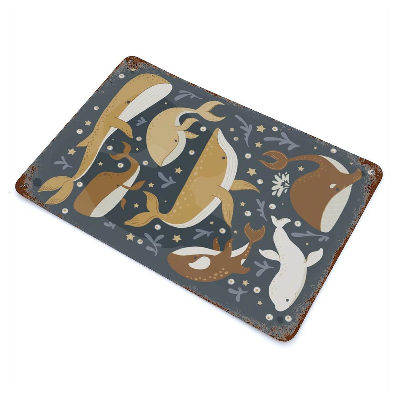 Aged Metal Wall Plaque with Whales Design 11.8"x7.9", for Cafe, Home Bar And Lounge Decor, Novelty Wall Decor