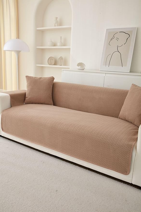 Image of HOMETHREADS Innovative Premium Sofa Cover Set with PVC Backing for Non-Slip Comfort (Beige, 1 Seater Large | 176x90cm)