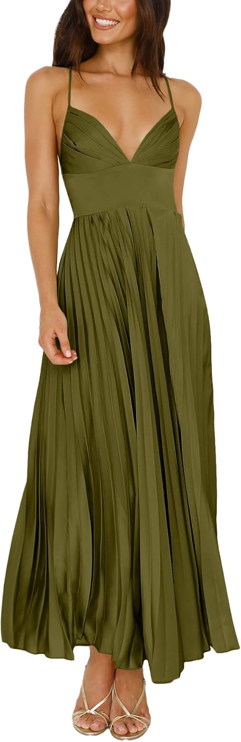 Women's Pleated Satin Bridesmaid Dresses V-Neck Crisscross Back Prom Dress Long Formal Party Dress - Image 6