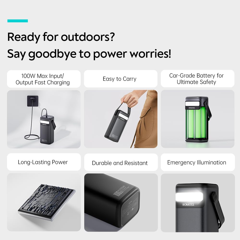 ROMOSS PMT60 60000mAh Metal Power Bank w/Carry Handle, 100W Dual-Way Fast Charge, 4.5H Recharge, 2500 Cycles, USB-C PD for Laptop Phone Tablet, Emergency Light Product Image 2
