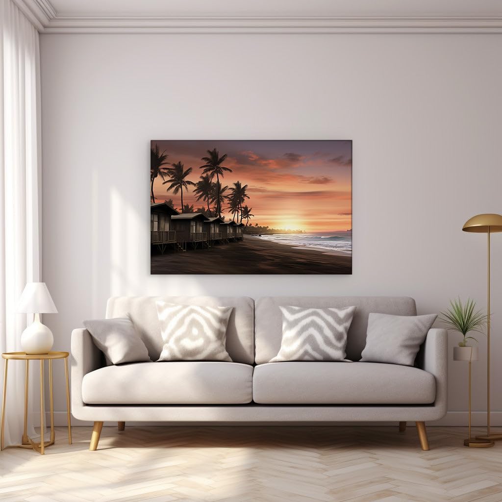 Canvas for Living room. Sunset Serenity: Discover the Tranquil Beauty of a Secluded Beach Haven, 27 x 18 inch Canvas Wall Art - Ready to Hang - 69x46 cm (27x18 inch)