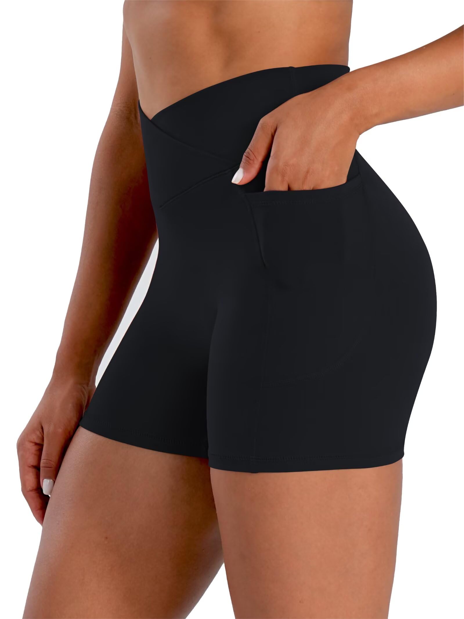 Sunzel Hidden Butt Lifting Scrunch Biker Shorts Women with Pockets Crossover High Waist Yoga Gym Workout Tummy Control Shorts