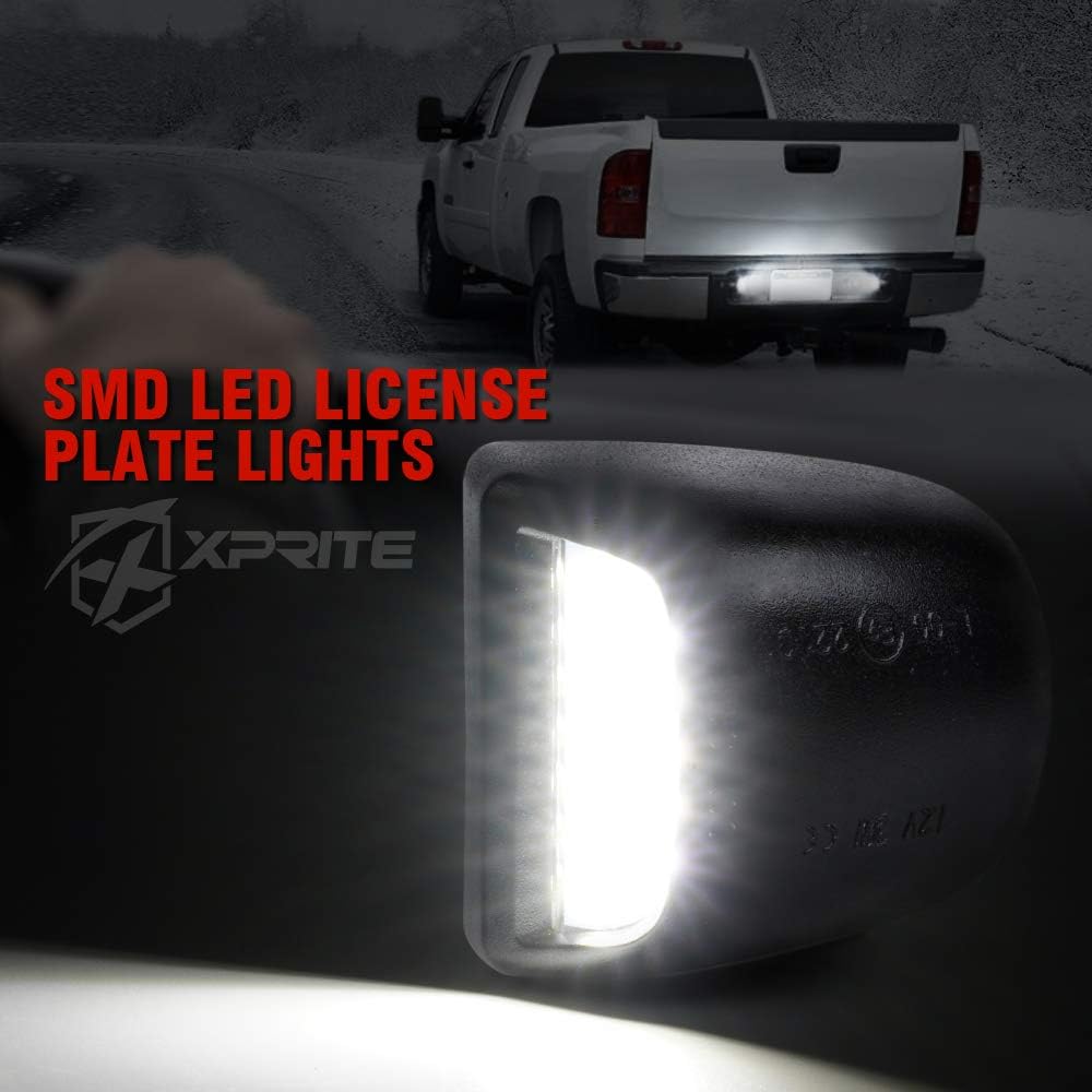 Xprite White LED License Plate Light Assembly Replacement Tag Lamp for Chevrolet Silverado, Cadillac Escalade EXT, Tahoe, Suburban, GMC Sierra 1500 2500 3500 HD Yukon