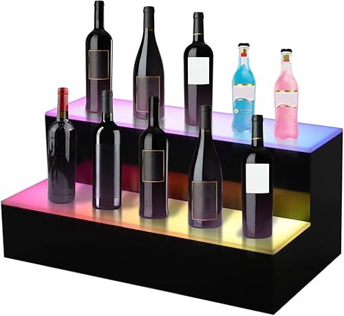 Estante de exhibición de botellas de licor con iluminación LED, estantes de barra LED de acrílico de 16 en 2 escalones para licor, soporte de