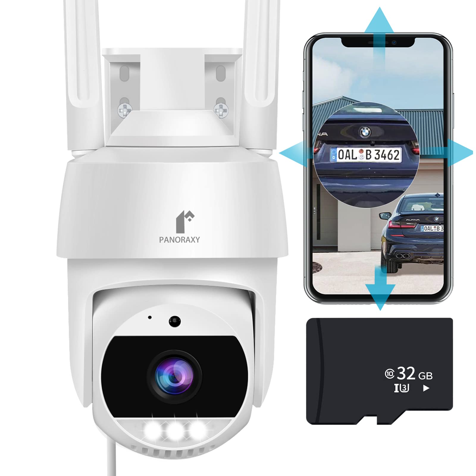 P Panoraxy 3K 5MP Security Camera Outdoor - Smart AI & Audio Motion Detection Siren, 360° View Auto Tracking, 2-Way Talk, Pan Tile Color Night Vision with 32GB TF Card