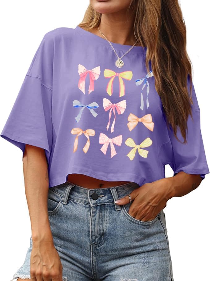 Women's Pink Bow T-Shirt: Trendy Bow Tee, Casual Crop Top, Half Sleeve, Round Neck, Short Length, S, M, L, XL - Image 2