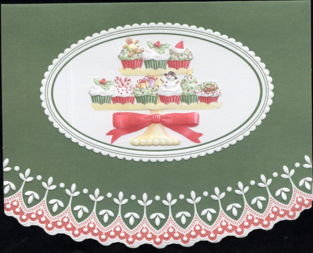 Set of 3 - Christmas Holiday Tiered Cupcakes Portfolio Boxed Note Cards by Carol Wilson Fine Arts. 10 embossed 4x5 Die-Cut Notecards and Matching Envelopes in Decorative Gift Box with Magnetic Flap. NCPX2500