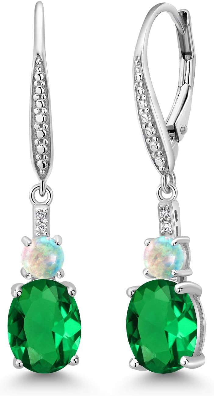 Gem Stone King 925 Sterling Silver Green Nano Emerald and White Opal Dangle Earrings for Women with Lab Grown Diamond (3.53 Cttw, Oval 9X7MM)