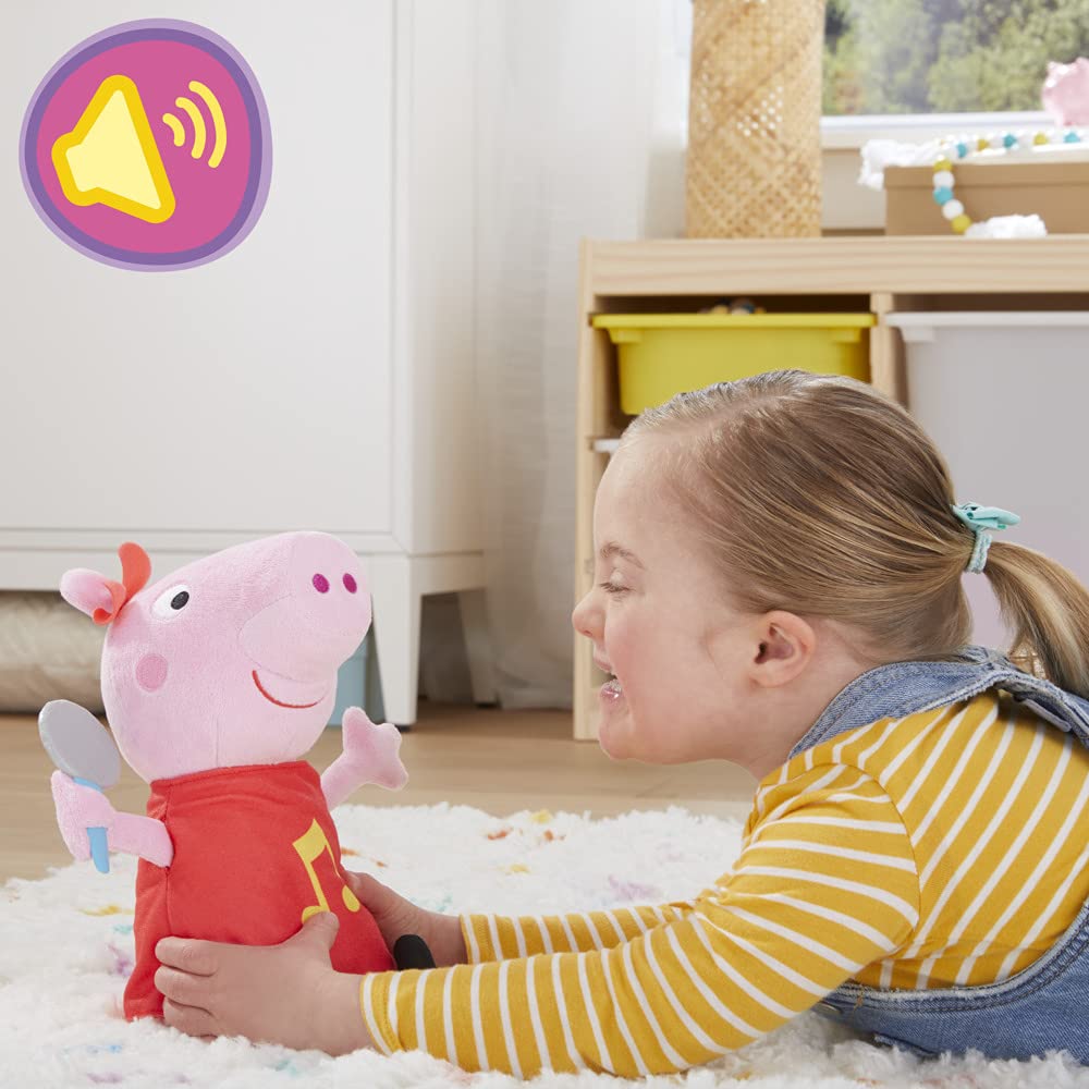 Peppa Pig Peppa Wanta, Śpiewający plusz z brokatową czerwoną sukienką i kokardą, śpiewaj 3 piosenki, od 3 lat