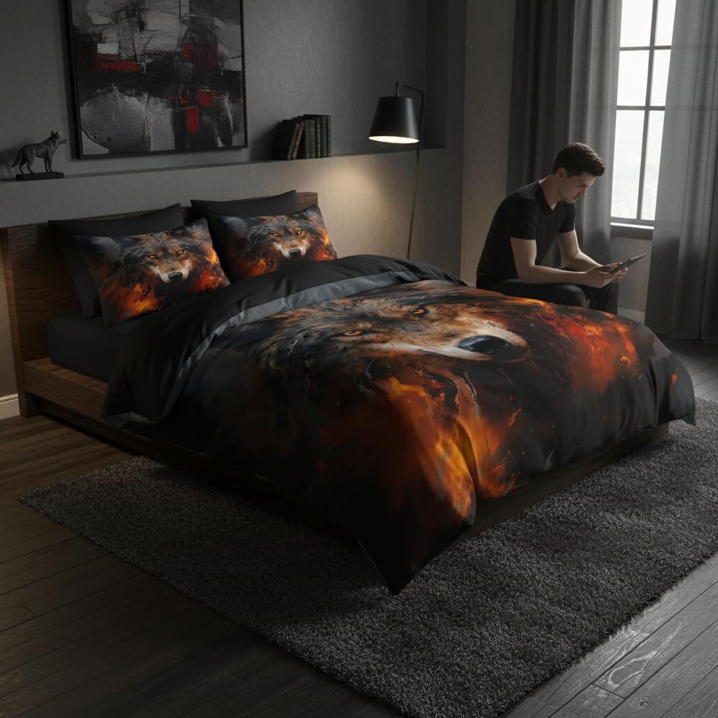 CCoutueChen Wolf Comforter Set Queen Size, Black Red Fire Microfiber Bedding Set, Western Wildlife Bedroom Decor, 90''x90''