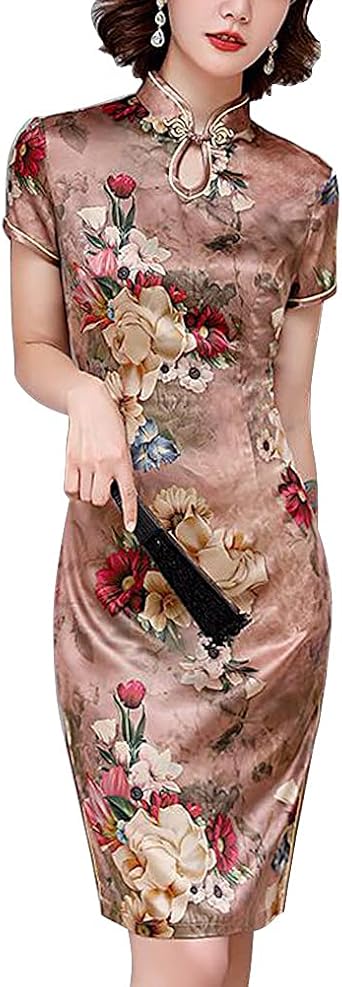 Vintage Floral Print Midi Cheongsam Qipao Dress Mandarin Collar Keyhole Short Sleeve Chinese Style Party Dress