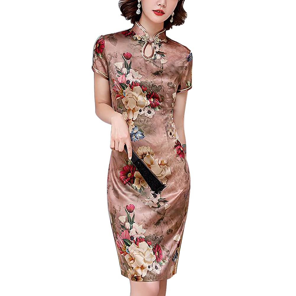 Vintage Floral Print Midi Cheongsam Qipao Dress Mandarin Collar Keyhole Short Sleeve Chinese Style Party Dress, Rose Gold, 3XL