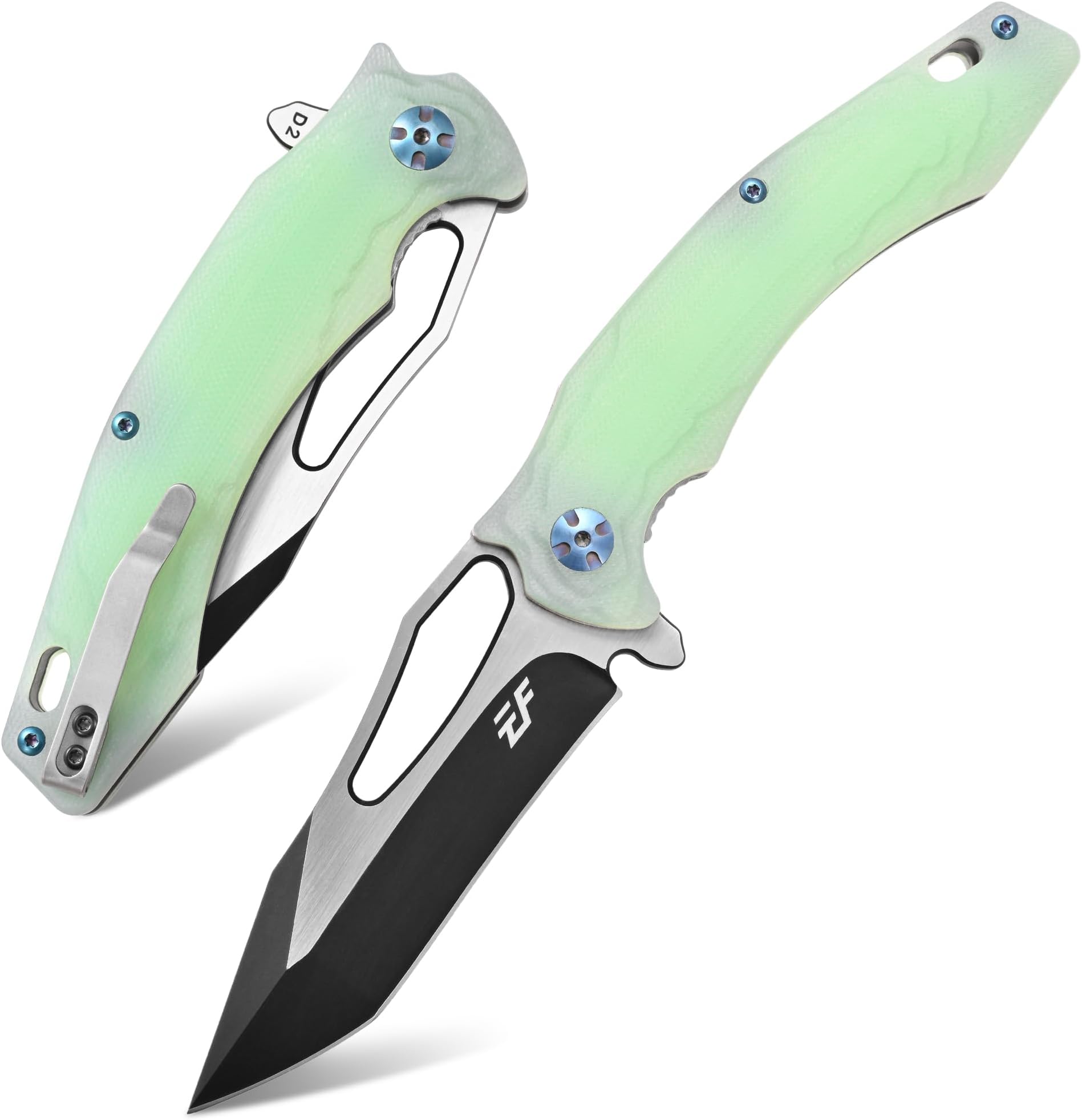 EF915 Folding Knife D2 Steel Blade with Black-Oxide Coating, G10 Handle with Ball Bearing Safe Open Flipper Knife,Locking Liner and Pocketclip for Camping Work (Jade)