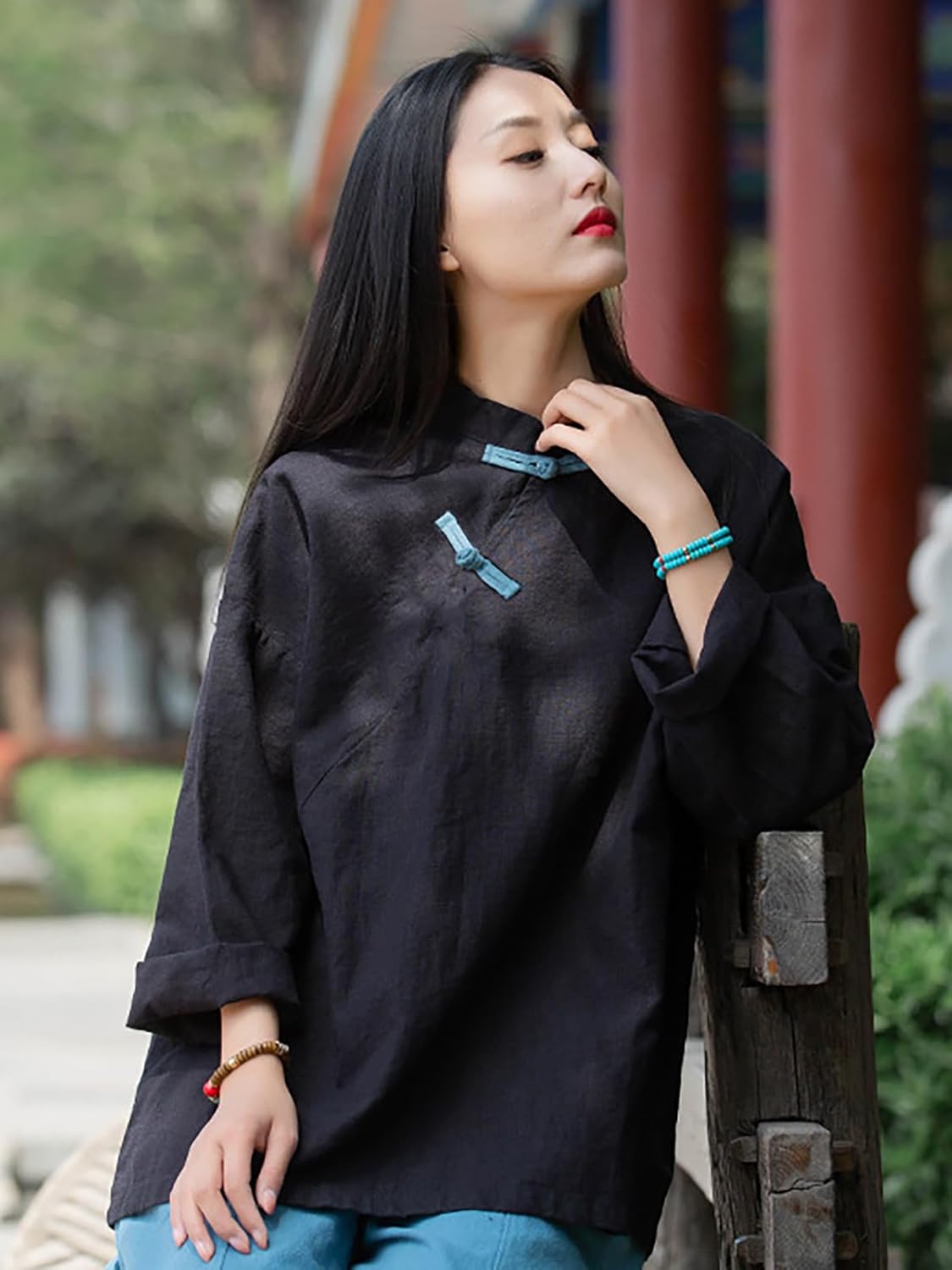 LZJN Women's Linen Shirts Artsy Retro Chinese Style Frog Button Tops Blouse Long Sleeve Tops - Image 7