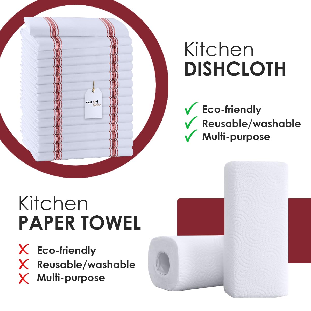 Avalon Kitchen Juego de paños de cocina, 15 x 25 pulgadas, paquete de 15 paños de cocina, hechos de 100% algodón hilado en anillo, paños de cocina súper suaves y altamente absorbentes (rojo)