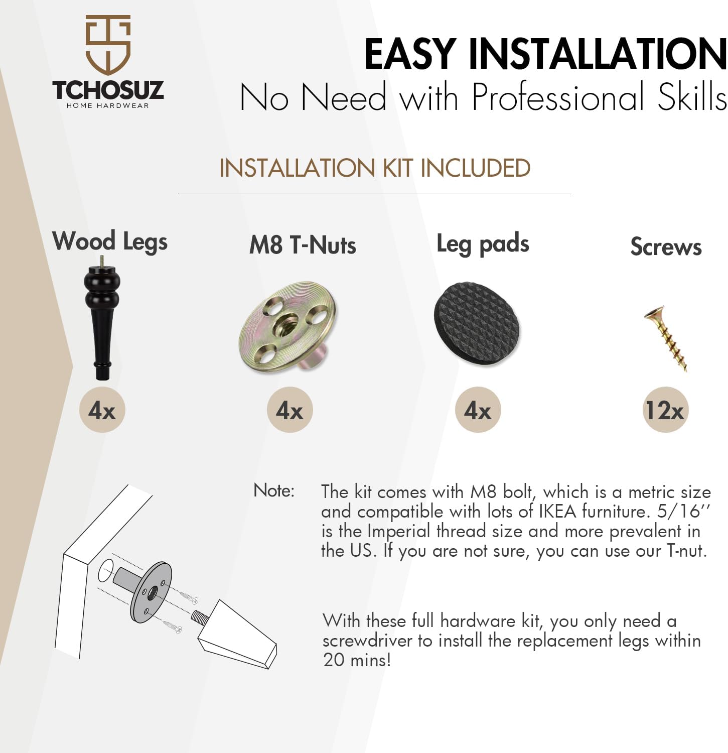 10 inch / 24cm Wooden Furniture Legs, Pack of 4 Walnut Solid Wood Turned DIY Replacement Bun Feet with M8 Hanger Bolts & T-Nuts or Sofa Couch Cabinet Recliner Ottoman Riser