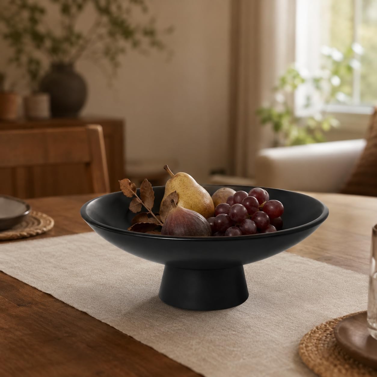 Black Ceramic Pedestal Bowl, Matte Decorative Bowl for Modern Home Decor