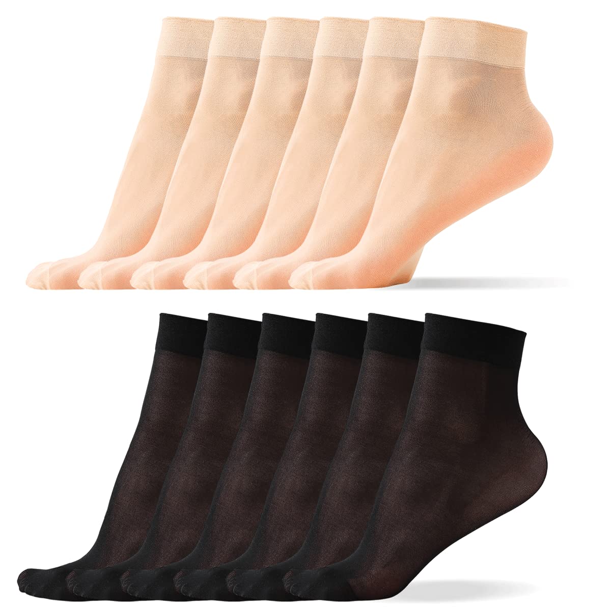 WAJIAFAR 12 Pack Women's Nylon Ankle Socks, Sheer Pop Nylon Socks, Silky Breathable Hosier (Natural & Black)