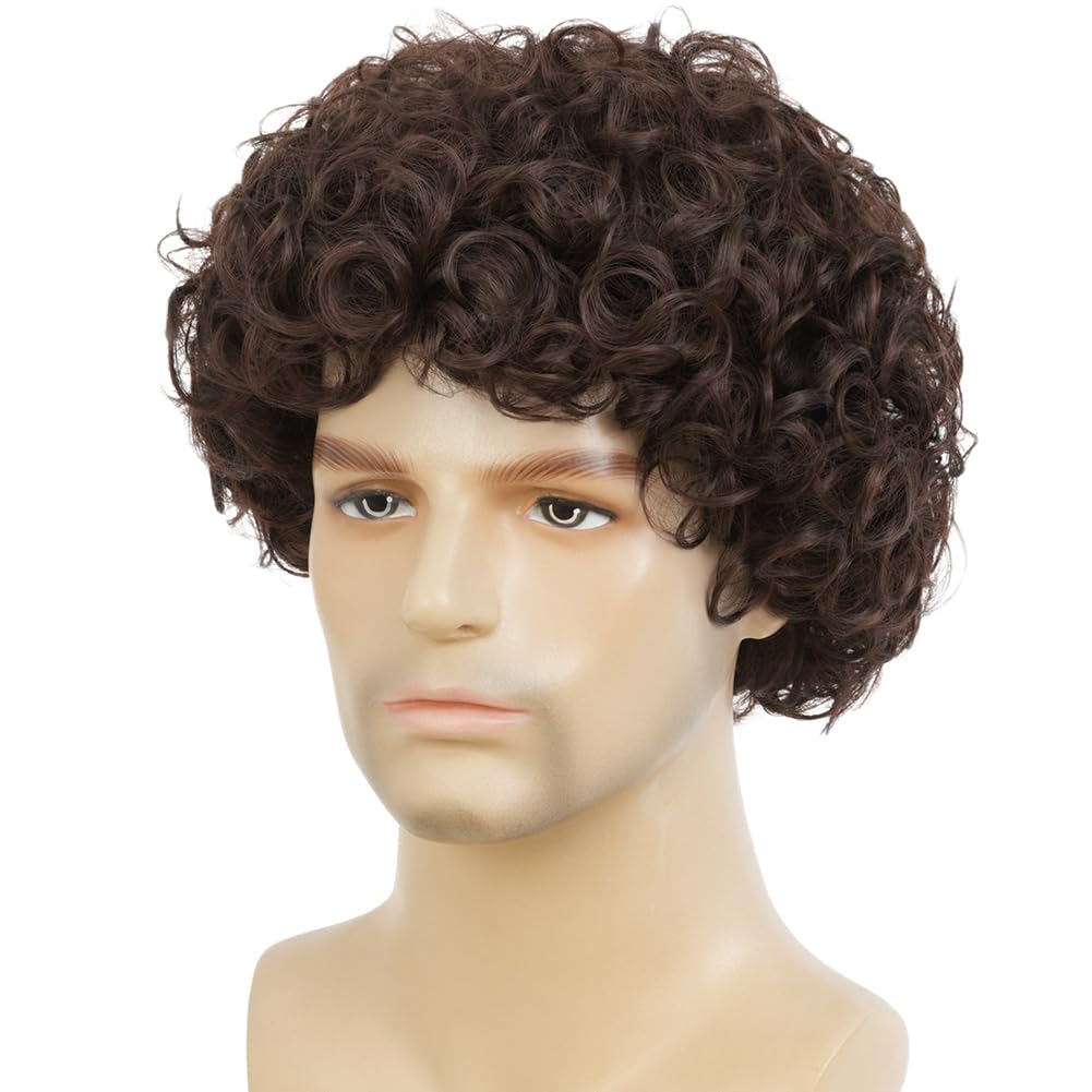 Mens Curly Afro Wig Short Dark Brown Wig Synthetic Halloween Costume Cosplay Wigs with Wig Cap for Male - Image 4