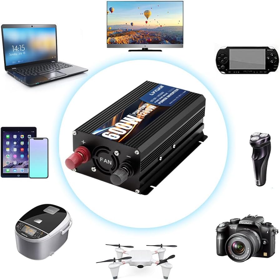 LVYUAN Inverter surrounded by various electronic devices it can power, including a laptop, TV, gaming console, smartphone, tablet, electric shaver, rice cooker, camera, and drone.