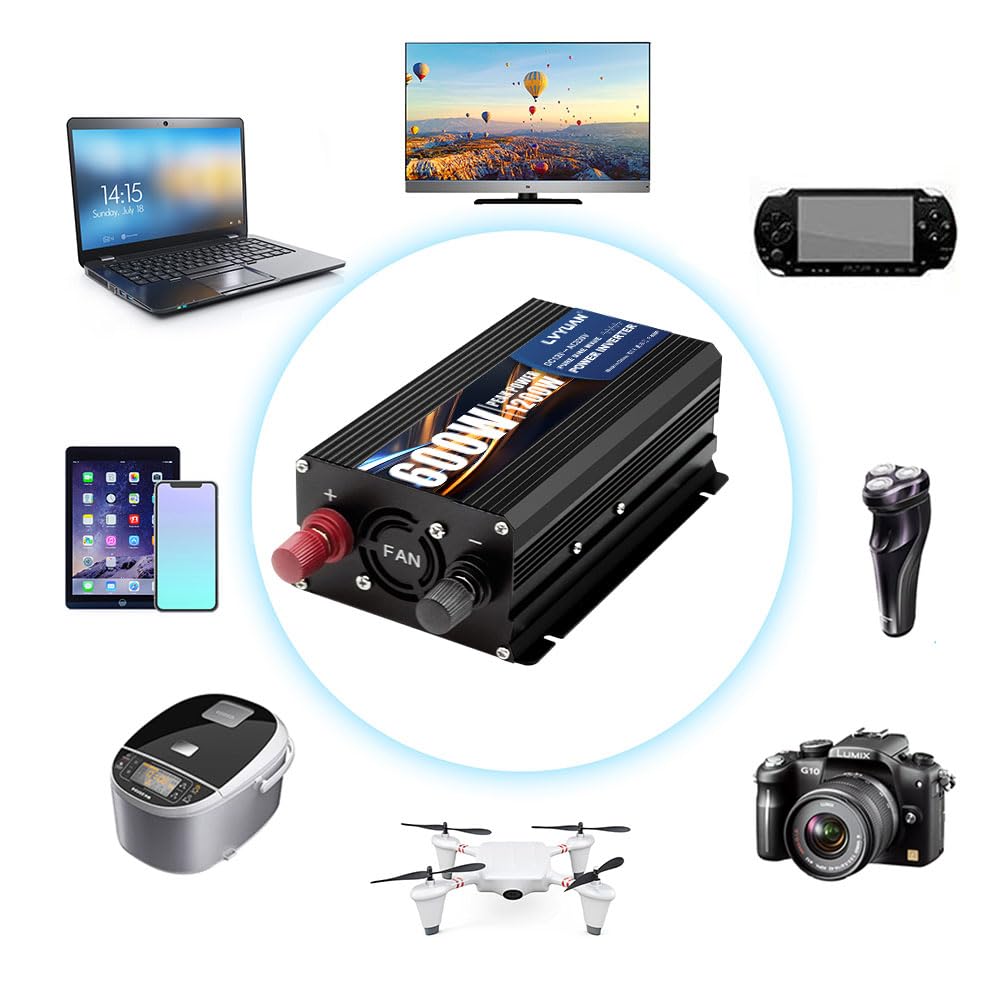 LVYUAN 600W/1200W inversor 12V a 230V convertidor de Voltaje Onda sinusoidal Pura inversor convertidor Adaptador de Cigarrillos para Coche con 2 Puertos USB y Enchufe EU | Convertidor de voltaje de cigarrillo automático adaptador con 2 puertos USB y enchu