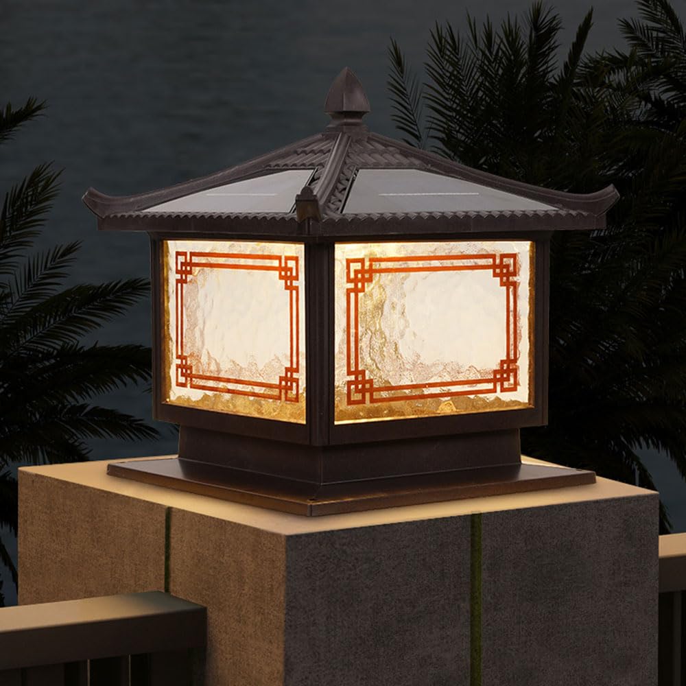 Wodoodporna zewnętrzna lampa solarna latarnia, chiński styl ogrodzenia słupek ogrodowy, mokra lokalizacja znamionowa retro dziedziniec taras ganek lampa kolumna na podjazd