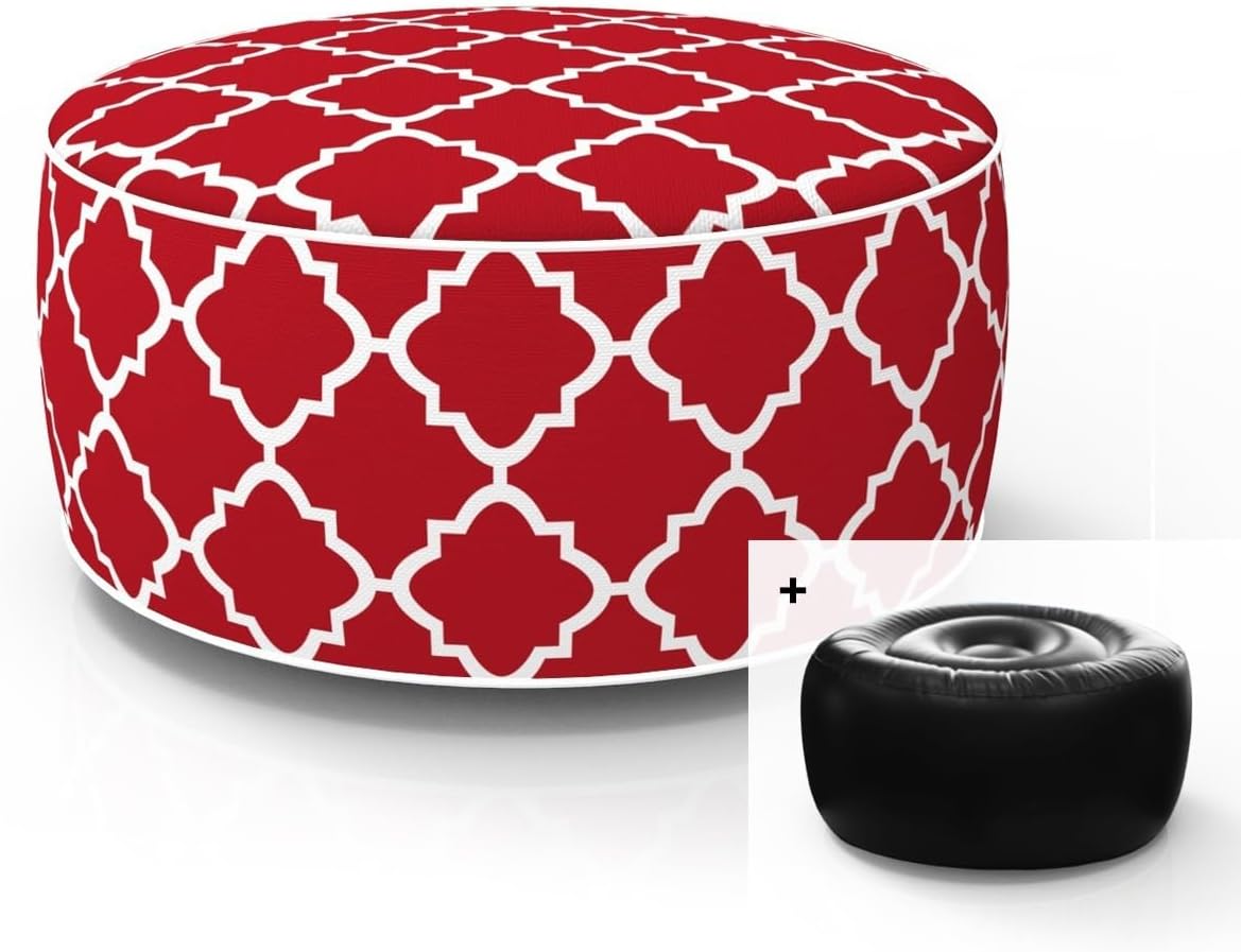 Inflatable Footstool Ottoman Red Geometry Round 21x9 Inch Patio Foot Stools and Ottomans Portable Footrest