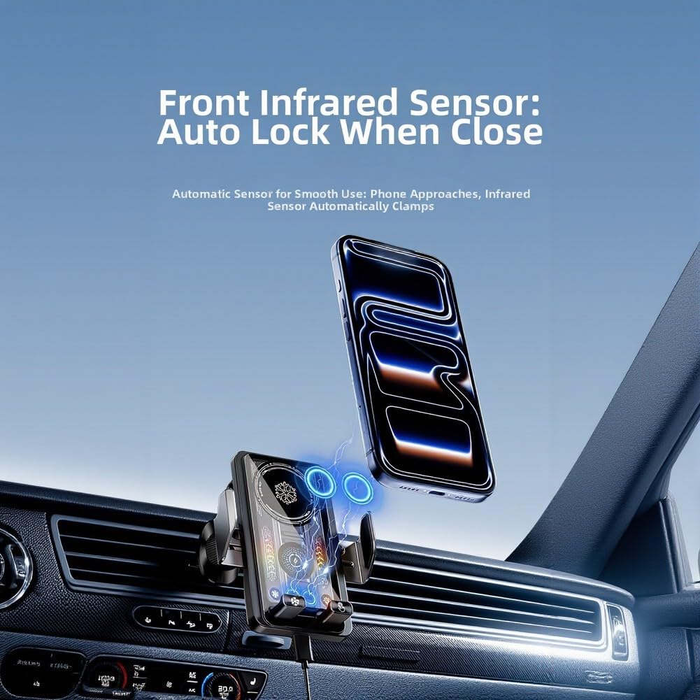 Soporte para teléfono de coche cargador inalámbrico de 15 W con disipación de calor de refrigeración y detección magnética, cargador inalámbrico de coche con sujeción automática, montaje de