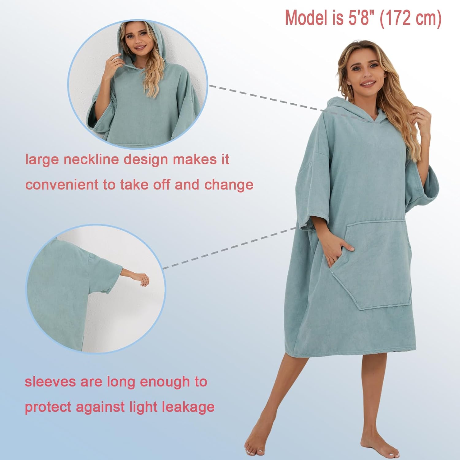 Surf Poncho Hooded Towel for Adults Quick Dry Beach Changing Robe with Pockets, Unisex Swim Cover-Up, Grass Tail Green Bath Towel for Surfers & Swimmer Gifts