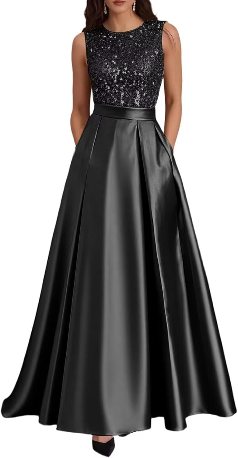 Satin Sequin Mother of The Bride Dresses for Women Elegant Long Sparkly A Line Evening Party Dress with Pocket