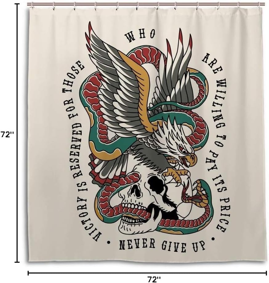 Kuizee Bathroom Shower Curtain 72 x 72 Inch with 12 Hooks Eagle Fighting Snake Skull Traditional Tattoo Style Bathtubs Waterproof Shower Curtains Set Fabric Decor Easy Install