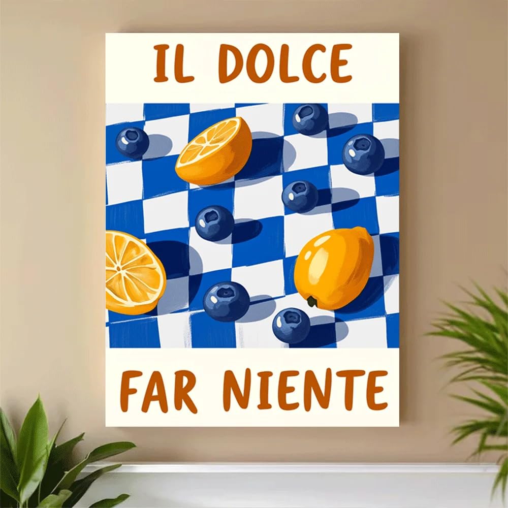 GKUVBF Toile imprimée à carreaux citron et myrtilles d'été italien, affiche décorative botanique de fruits frais (60x80cm/cadre intérieur)