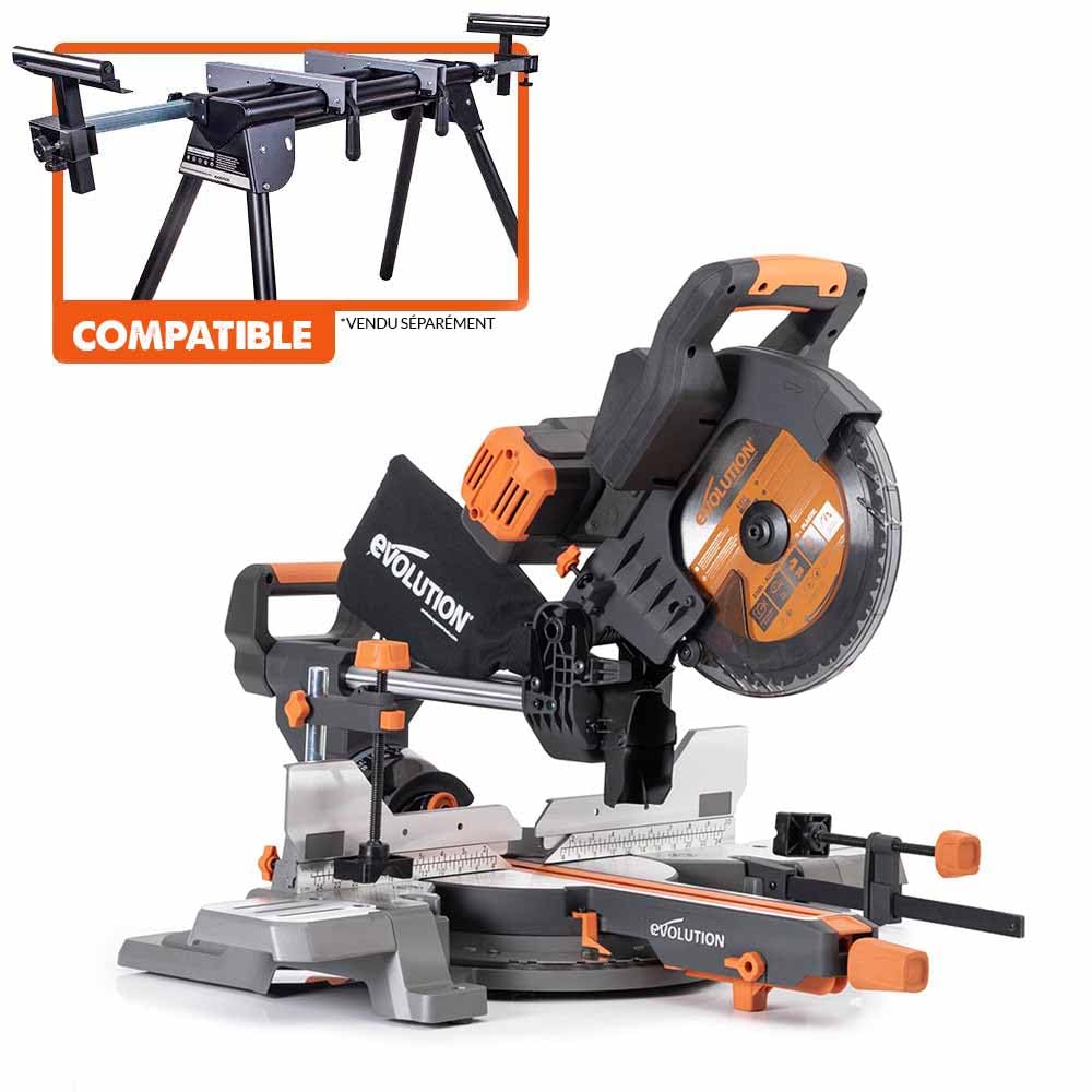 Evolution Power Tools R255SMS-DB-Li Scie à onglets coulissante sans balais à double biseau sans fil Li-Ion EXT lame multi-matériaux, coupe le bois le métal le plastique 255 mm - Batteries non incluses