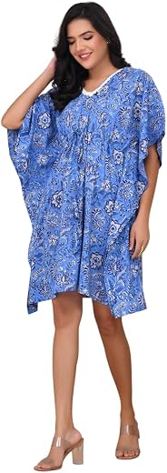 PEONY BLOOM Midnight Bloom Cotton Kaftan Dress for Women – Premium Breathable Cotton Floral Short Kaftan with Flared Sleev...