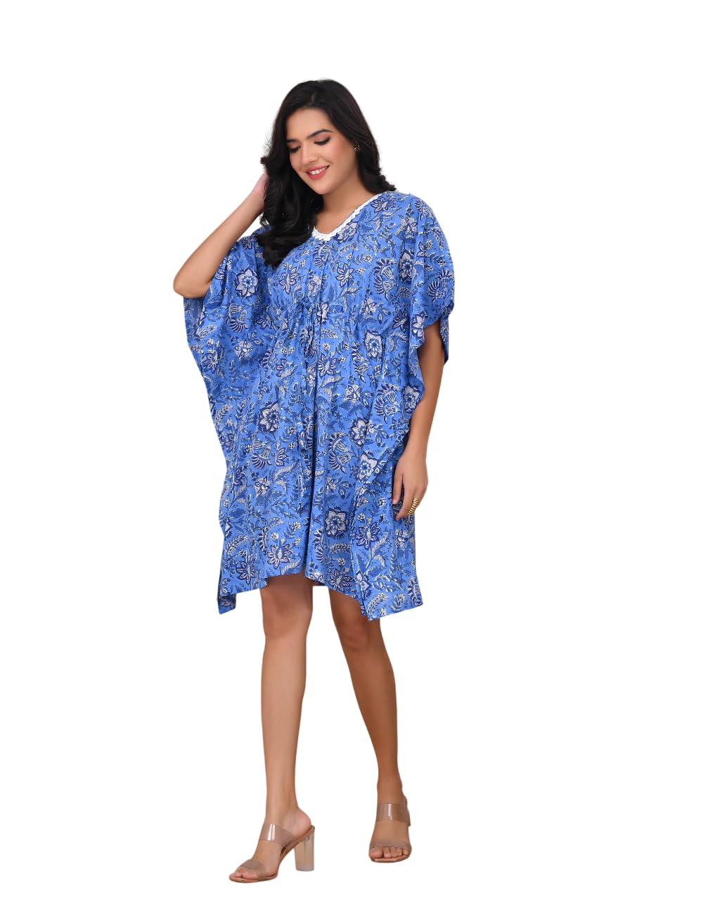 peony bloom Midnight Bloom Cotton Kaftan Dress for Women – Premium Breathable Cotton Floral Short Kaftan with Relaxed Fit, Flared Sleeves & Comfortable Lounge, Beach, Vacation & Resort Wear Blue-picture-49