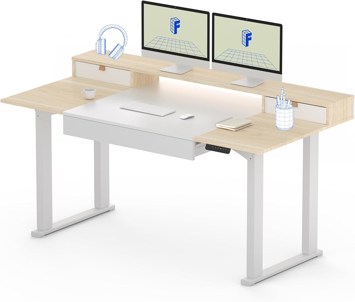 FLEXISPOT 4-Leg Standing Desk with Storage, 63"x32", White | Electric Adjustable Height, 3 Drawers & Shelving, Storage, Home Office Workstation