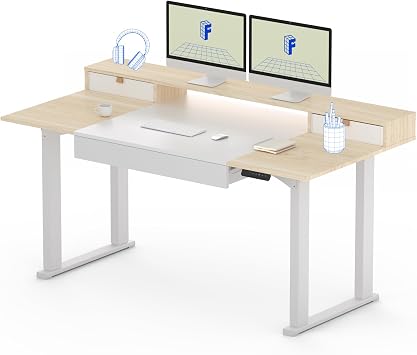FLEXISPOT 4-Leg Standing Desk with Storage 71x32 in Electric Adjustable Height with 3 Drawers & Shelving Home Office Workstation White + Maple Top