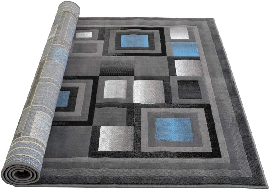 HR Abstract Blue/Silver/Gray Geometric Modern Squares Pattern 5x7 Area Rug (5'2" x 7'2")