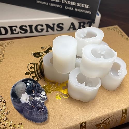 Miniatura 7 de Paquete de 8 moldes de silicona de resina de calavera, kit de moldes de vela con cabeza de calavera 3D para pulseras de resina, arcilla, fundición