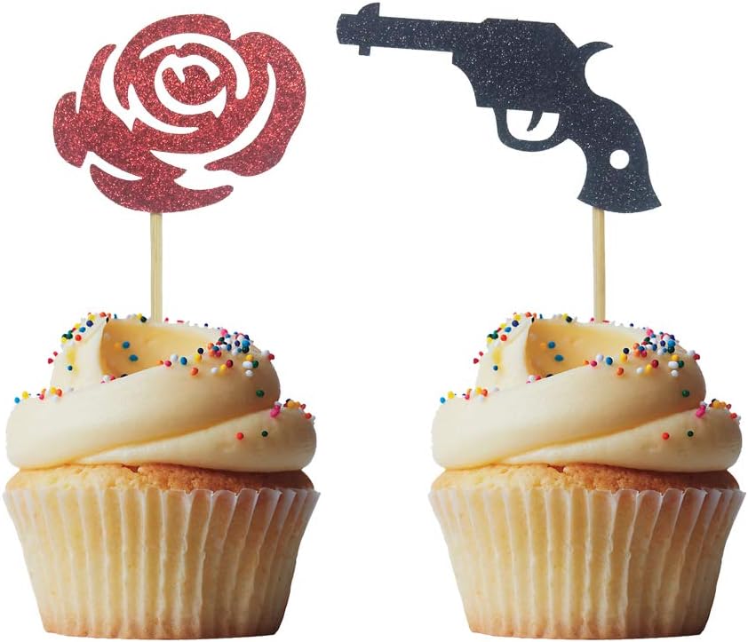 Morndew 24 PCS Glitter guns or Roses Cupcake Toppers for Gender Reveal Party Baby Shower Birthday Party Decorations - Boy or Girl - He or She