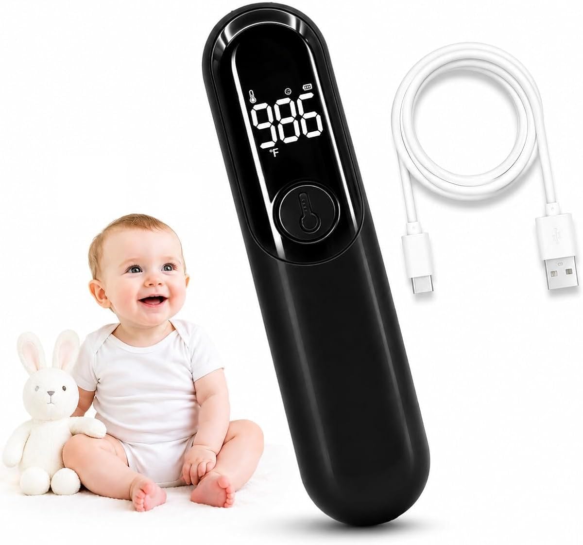 Termómetro de frente para adultos y bebés, termómetro sin contacto con lectura rápida de 1 segundo, termómetro recargable con alerta de fiebre, modo silencioso, pantalla LED para el hogar
