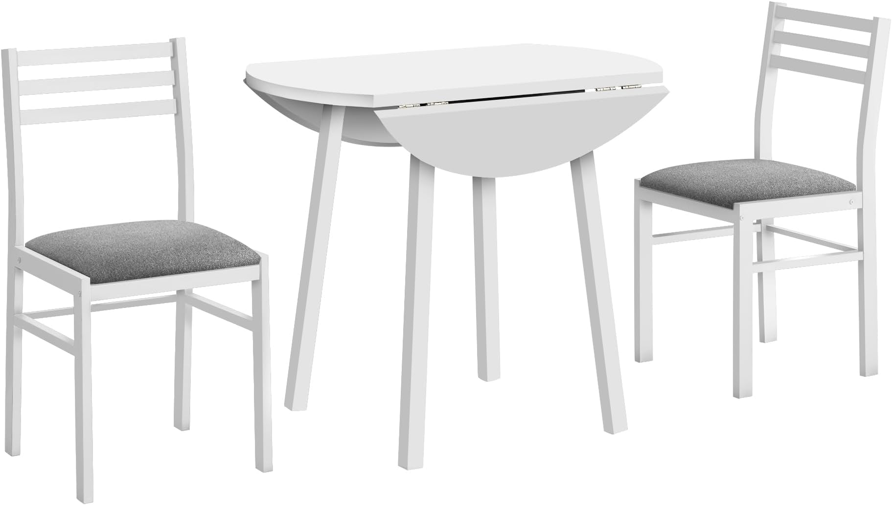 Monarch Specialties I 1011 Dining Table Set, 3pcs Set, Small, 35" Drop Leaf, Kitchen, White Metal and Laminate, Grey Fabric, Contemporary, Modern