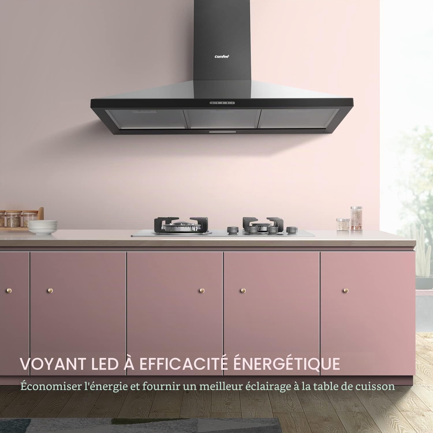 COMFEE Hotte aspirante 90 cm PYRA17B-90 noire pour hotte de cuisine avec LED, système de recirculation et canalisation et filtres à charbon