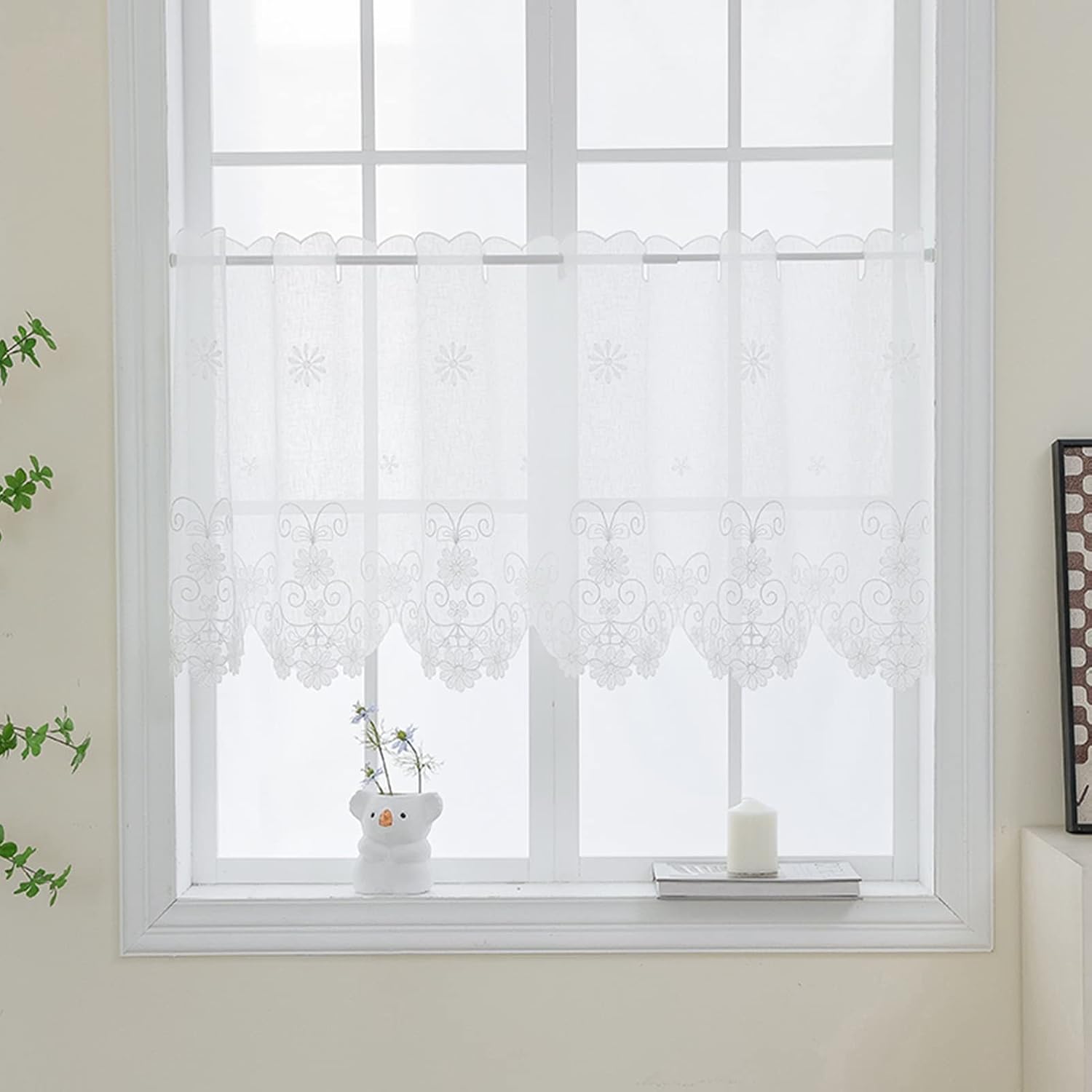 Short Kitchen Curtain Valance Small Window Tier Curtains White Semi Sheer, Soft Faux Silk Fabric Nice Cutworks Embroidery Floral Drapes Rod Pockets, for Decor Living Room Café ( Color : A , Size : W60