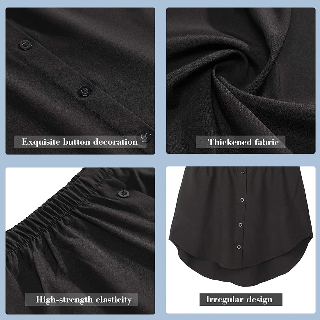 Damska mini halka, dolna spódnica, przedłużenie koszuli, z guzikami, przedłużenie koszuli, top dolny, fałszywy top, mini spódnica, obszycie, warstwowa, sztuczne spódnice (kolor czarny/M)