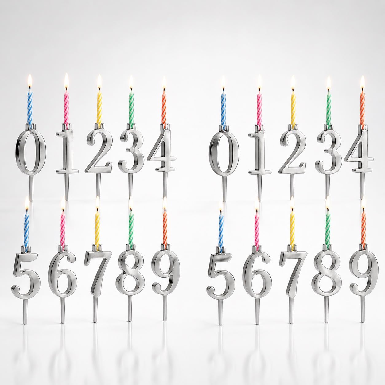 Photo 1 of 20 PCS (2 Sets) Reusable Number Candle Holder Set for Birthday Cakes - Metal Number Candle Holders Stand - Silver Cake Topper Decorations
