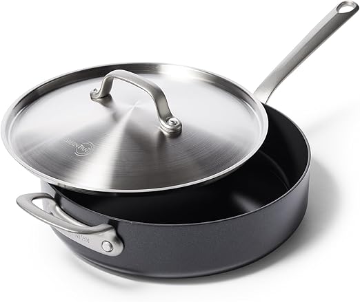 GreenPan Craft Noire 4.5QT Saute Pan with Lid and Helper Handles, Non-Toxic PFAS-Free Hard Anodized Healthy Ceramic Nonstick, Induction Suitable, Dishwasher Safe, Black